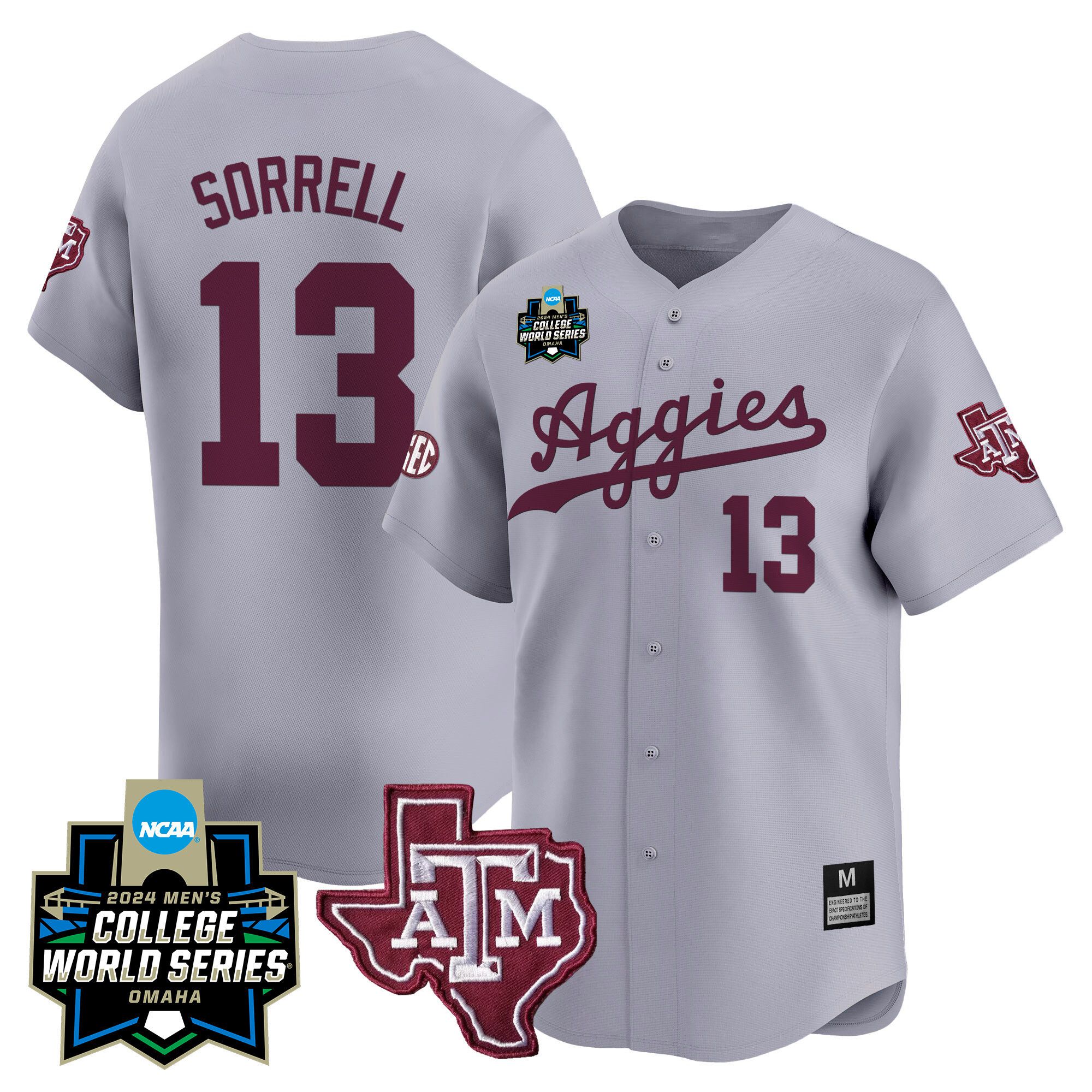 Men Texas A&M Aggies #13 Sorrell Grey 2024 College World Series Vapor Premier Limited NCAA Jersey